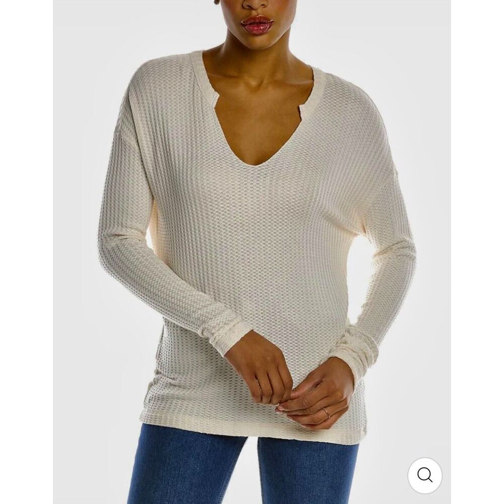 Chaser Vintage Cream Thermal Raw Split Neck Long Sleeve Soft Stretchy Top S